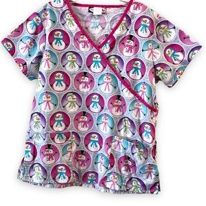 Scrub Works Pink Purple Gray Scrubs Top Snowman Winter Christmas Print Size L